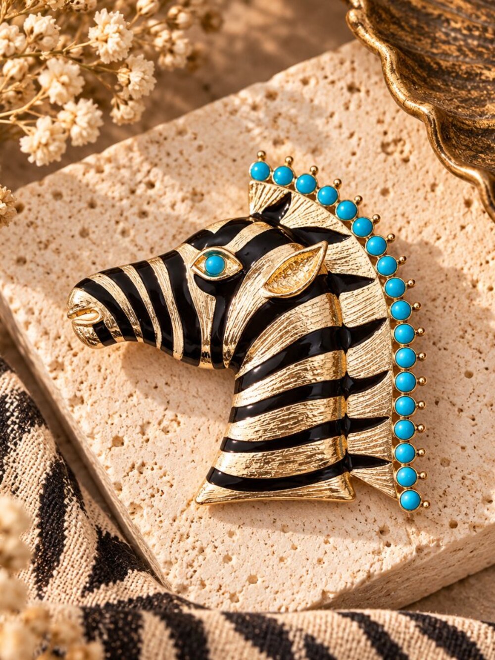 Zebra Head Brooch Pendant Black Enamel Gold Tone Turquoise Accents Safari Animal